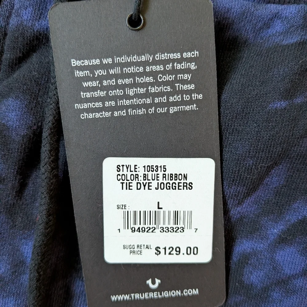 True Religion Joggers Men's Large Blue Ribbon Tie Dye NWT